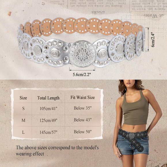 Women Vintage Disc Waist Concho Leather Belt Boho Waist Belt Silver Buckle - Picture 5 of 7